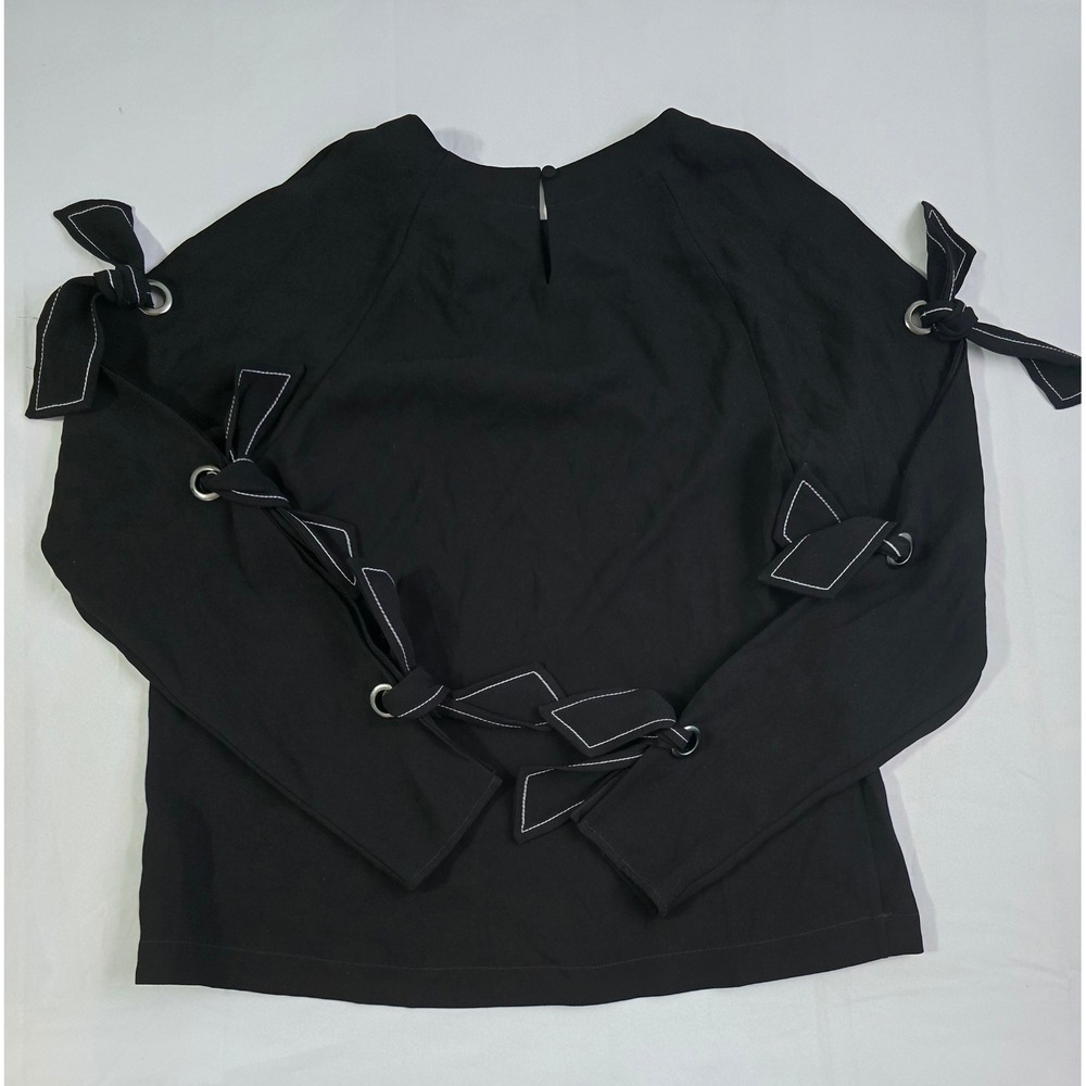 BCBGMAXAZRIA Black Grommet Tie Sleeve Blouse Crew Neck Top XS - Picture 11 of 16